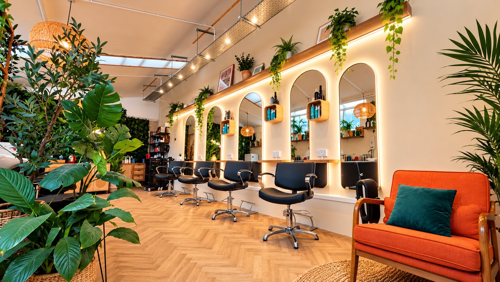 The Loft Hair Studio interior in Bristol with arched mirrors, plants and an orange armchair