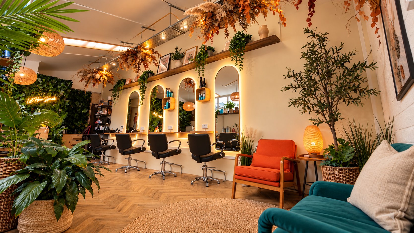 Inside The Loft Hair Studio: glowing arched mirrors, plants and a warm lamp